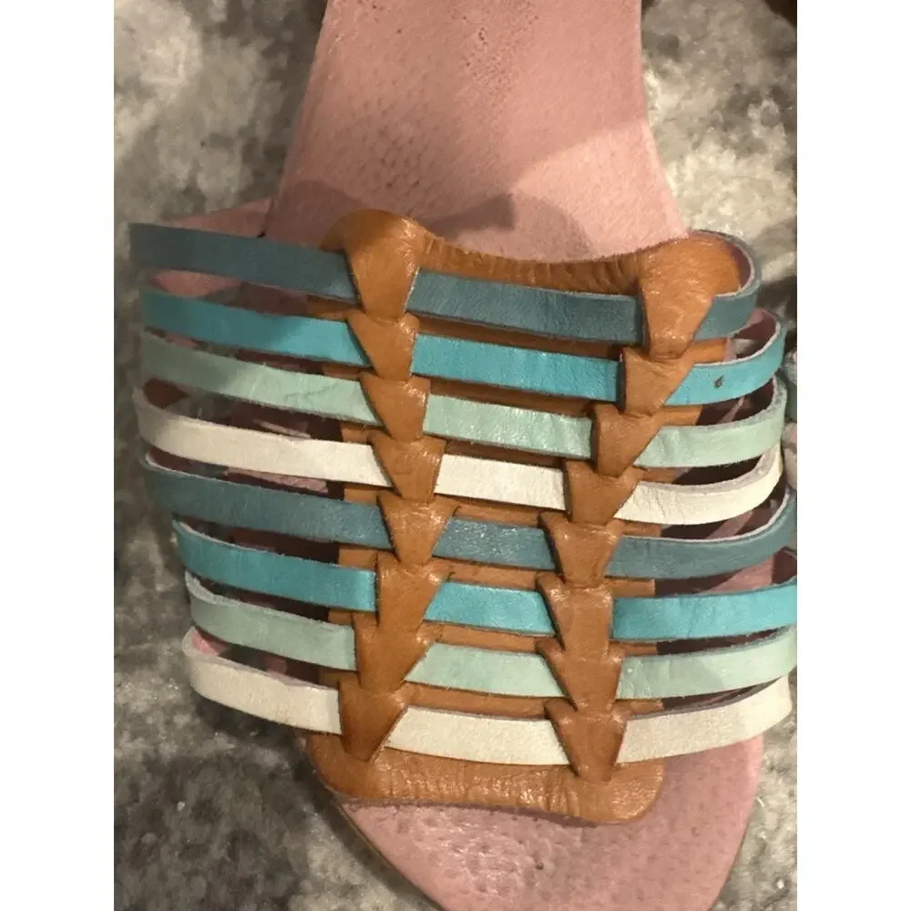 Eric michael Leather Woven Sandles Brown White Aqua And Pink Size 41